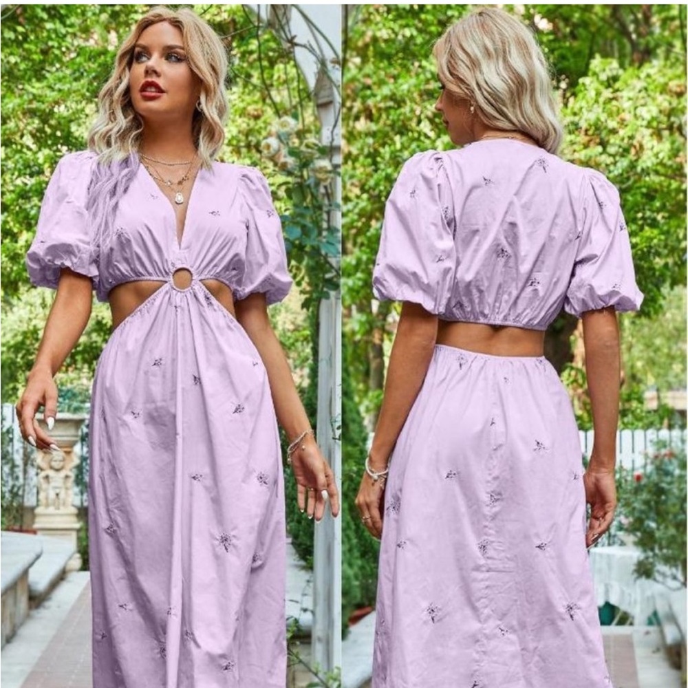 NWOT Zara- Lilac Cut-out Poplin Embroidered Flowers Dress